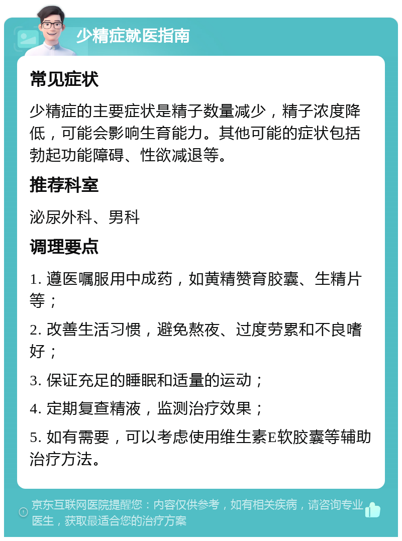 少精症就医指南 常见症状 少精症的主要症状是精子数量减少，精子浓度降低，可能会影响生育能力。其他可能的症状包括勃起功能障碍、性欲减退等。 推荐科室 泌尿外科、男科 调理要点 1. 遵医嘱服用中成药，如黄精赞育胶囊、生精片等； 2. 改善生活习惯，避免熬夜、过度劳累和不良嗜好； 3. 保证充足的睡眠和适量的运动； 4. 定期复查精液，监测治疗效果； 5. 如有需要，可以考虑使用维生素E软胶囊等辅助治疗方法。