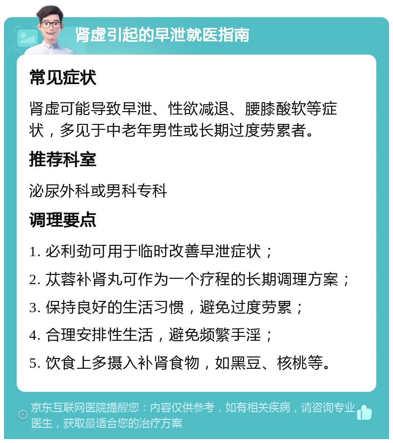 肾虚引起的早泄就医指南 常见症状 肾虚可能导致早泄、性欲减退、腰膝酸软等症状，多见于中老年男性或长期过度劳累者。 推荐科室 泌尿外科或男科专科 调理要点 1. 必利劲可用于临时改善早泄症状； 2. 苁蓉补肾丸可作为一个疗程的长期调理方案； 3. 保持良好的生活习惯，避免过度劳累； 4. 合理安排性生活，避免频繁手淫； 5. 饮食上多摄入补肾食物，如黑豆、核桃等。