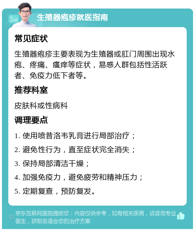 生殖器疱疹就医指南 常见症状 生殖器疱疹主要表现为生殖器或肛门周围出现水疱、疼痛、瘙痒等症状，易感人群包括性活跃者、免疫力低下者等。 推荐科室 皮肤科或性病科 调理要点 1. 使用喷昔洛韦乳膏进行局部治疗； 2. 避免性行为，直至症状完全消失； 3. 保持局部清洁干燥； 4. 加强免疫力，避免疲劳和精神压力； 5. 定期复查，预防复发。