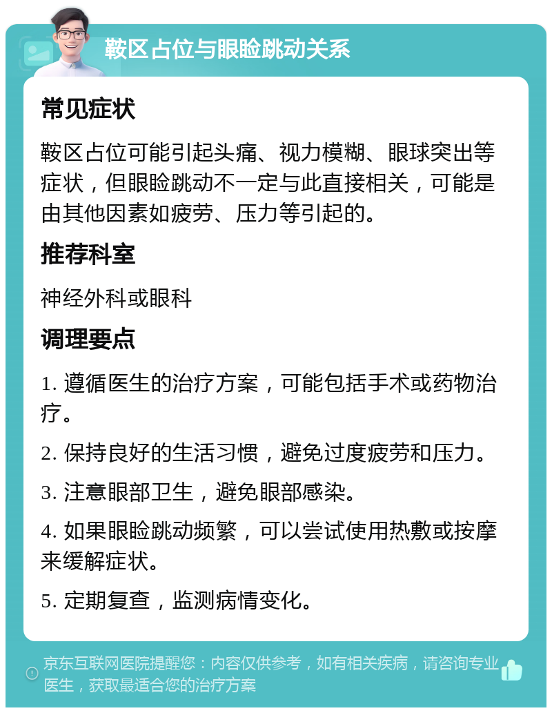 鞍区占位与眼睑跳动关系 常见症状 鞍区占位可能引起头痛、视力模糊、眼球突出等症状，但眼睑跳动不一定与此直接相关，可能是由其他因素如疲劳、压力等引起的。 推荐科室 神经外科或眼科 调理要点 1. 遵循医生的治疗方案，可能包括手术或药物治疗。 2. 保持良好的生活习惯，避免过度疲劳和压力。 3. 注意眼部卫生，避免眼部感染。 4. 如果眼睑跳动频繁，可以尝试使用热敷或按摩来缓解症状。 5. 定期复查，监测病情变化。