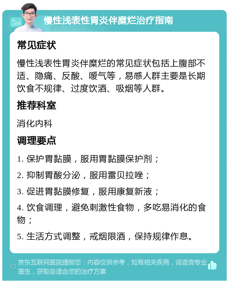 慢性浅表性胃炎伴糜烂治疗指南 常见症状 慢性浅表性胃炎伴糜烂的常见症状包括上腹部不适、隐痛、反酸、嗳气等，易感人群主要是长期饮食不规律、过度饮酒、吸烟等人群。 推荐科室 消化内科 调理要点 1. 保护胃黏膜，服用胃黏膜保护剂； 2. 抑制胃酸分泌，服用雷贝拉唑； 3. 促进胃黏膜修复，服用康复新液； 4. 饮食调理，避免刺激性食物，多吃易消化的食物； 5. 生活方式调整，戒烟限酒，保持规律作息。