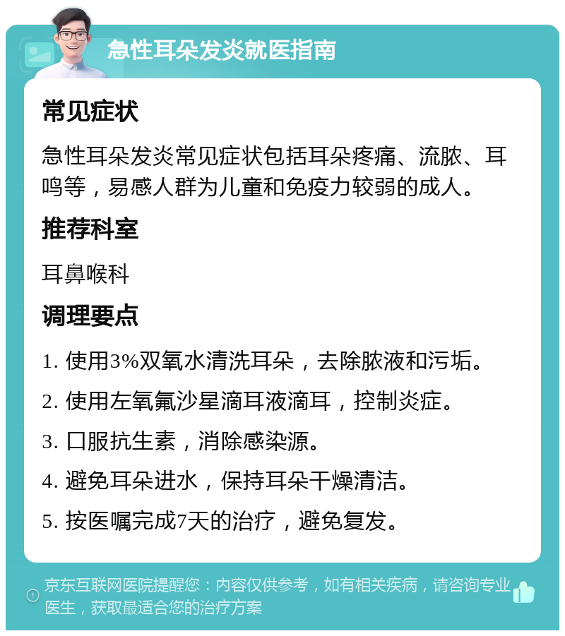 急性耳朵发炎就医指南 常见症状 急性耳朵发炎常见症状包括耳朵疼痛、流脓、耳鸣等，易感人群为儿童和免疫力较弱的成人。 推荐科室 耳鼻喉科 调理要点 1. 使用3%双氧水清洗耳朵，去除脓液和污垢。 2. 使用左氧氟沙星滴耳液滴耳，控制炎症。 3. 口服抗生素，消除感染源。 4. 避免耳朵进水，保持耳朵干燥清洁。 5. 按医嘱完成7天的治疗，避免复发。