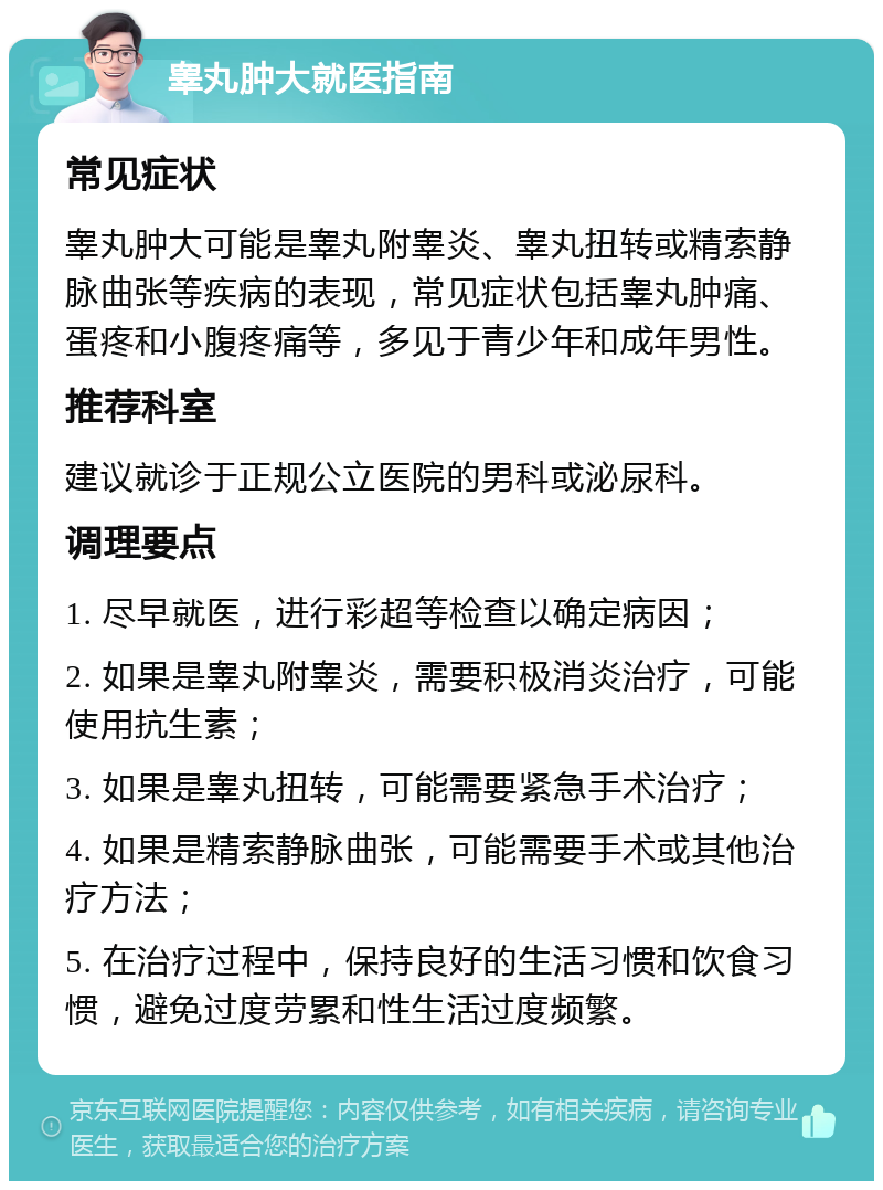 睾丸肿大就医指南 常见症状 睾丸肿大可能是睾丸附睾炎、睾丸扭转或精索静脉曲张等疾病的表现，常见症状包括睾丸肿痛、蛋疼和小腹疼痛等，多见于青少年和成年男性。 推荐科室 建议就诊于正规公立医院的男科或泌尿科。 调理要点 1. 尽早就医，进行彩超等检查以确定病因； 2. 如果是睾丸附睾炎，需要积极消炎治疗，可能使用抗生素； 3. 如果是睾丸扭转，可能需要紧急手术治疗； 4. 如果是精索静脉曲张，可能需要手术或其他治疗方法； 5. 在治疗过程中，保持良好的生活习惯和饮食习惯，避免过度劳累和性生活过度频繁。