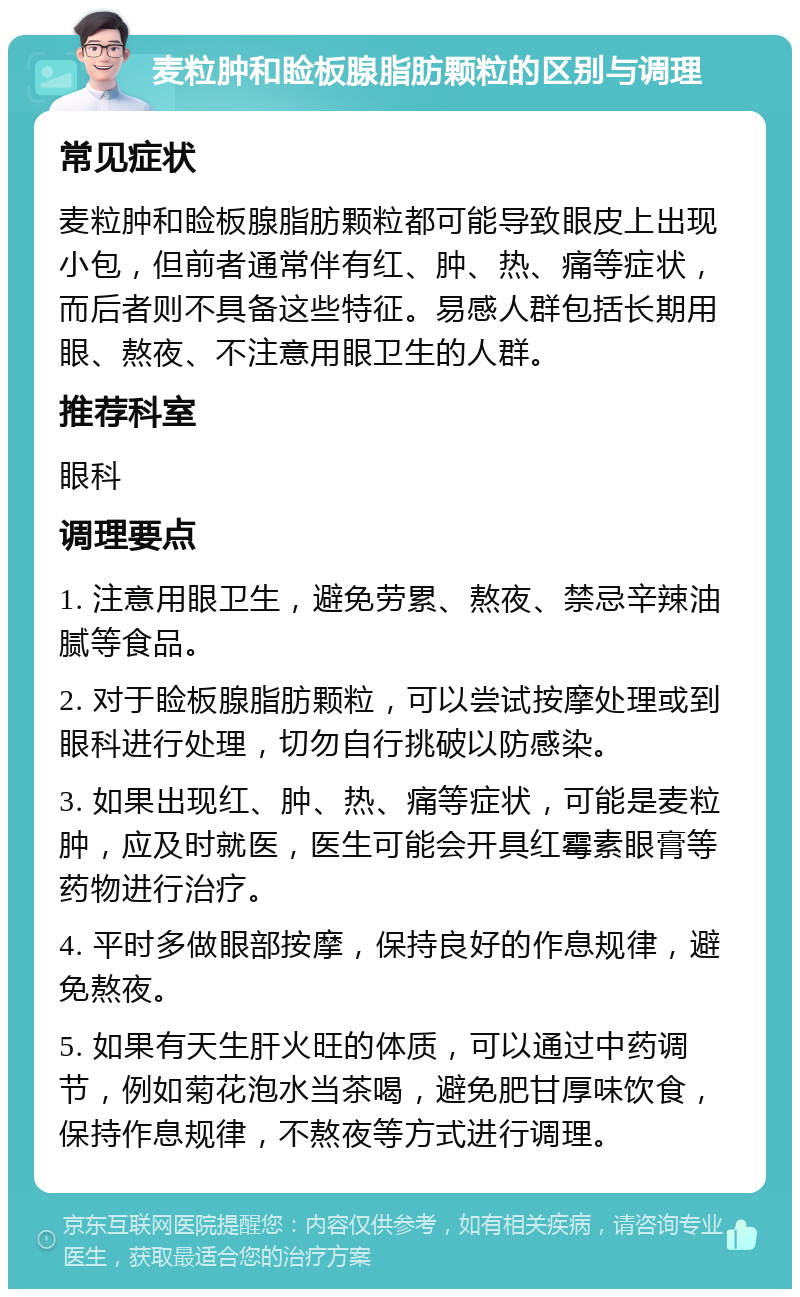 麦粒肿和睑板腺脂肪颗粒的区别与调理 常见症状 麦粒肿和睑板腺脂肪颗粒都可能导致眼皮上出现小包，但前者通常伴有红、肿、热、痛等症状，而后者则不具备这些特征。易感人群包括长期用眼、熬夜、不注意用眼卫生的人群。 推荐科室 眼科 调理要点 1. 注意用眼卫生，避免劳累、熬夜、禁忌辛辣油腻等食品。 2. 对于睑板腺脂肪颗粒，可以尝试按摩处理或到眼科进行处理，切勿自行挑破以防感染。 3. 如果出现红、肿、热、痛等症状，可能是麦粒肿，应及时就医，医生可能会开具红霉素眼膏等药物进行治疗。 4. 平时多做眼部按摩，保持良好的作息规律，避免熬夜。 5. 如果有天生肝火旺的体质，可以通过中药调节，例如菊花泡水当茶喝，避免肥甘厚味饮食，保持作息规律，不熬夜等方式进行调理。