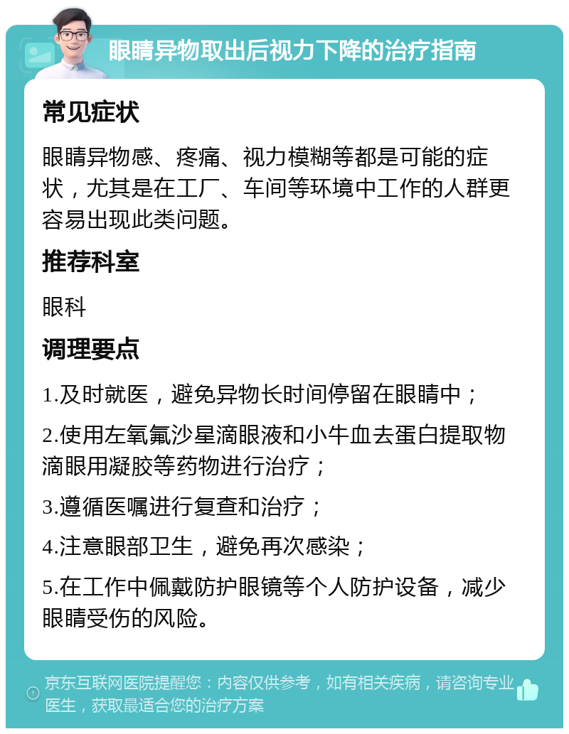 眼睛异物取出后视力下降的治疗指南 常见症状 眼睛异物感、疼痛、视力模糊等都是可能的症状，尤其是在工厂、车间等环境中工作的人群更容易出现此类问题。 推荐科室 眼科 调理要点 1.及时就医，避免异物长时间停留在眼睛中； 2.使用左氧氟沙星滴眼液和小牛血去蛋白提取物滴眼用凝胶等药物进行治疗； 3.遵循医嘱进行复查和治疗； 4.注意眼部卫生，避免再次感染； 5.在工作中佩戴防护眼镜等个人防护设备，减少眼睛受伤的风险。