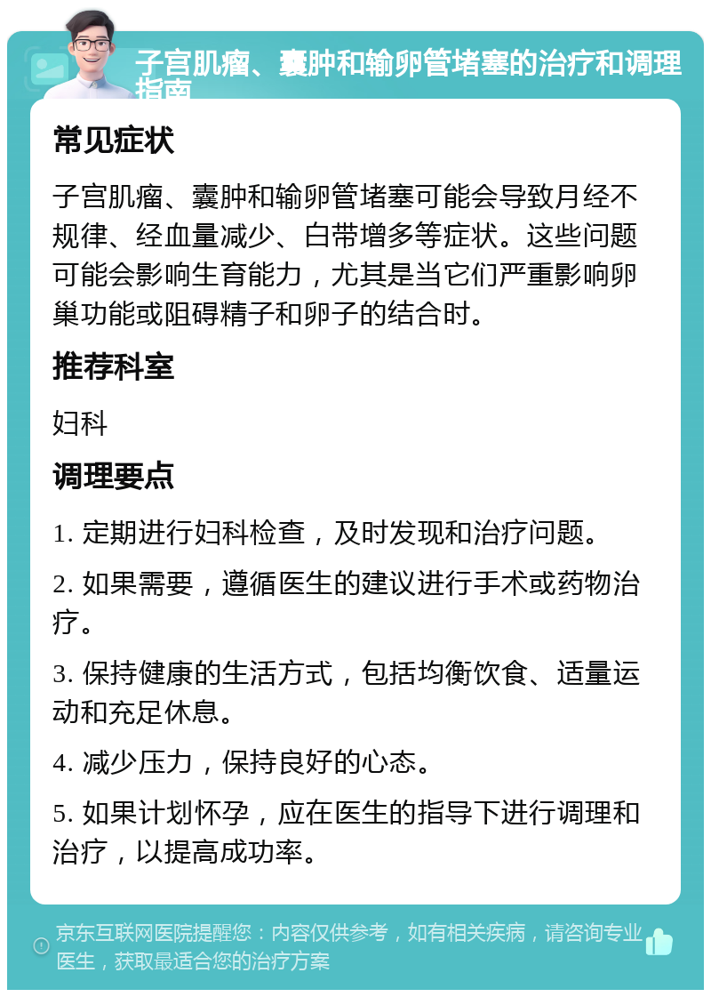 子宫肌瘤、囊肿和输卵管堵塞的治疗和调理指南 常见症状 子宫肌瘤、囊肿和输卵管堵塞可能会导致月经不规律、经血量减少、白带增多等症状。这些问题可能会影响生育能力，尤其是当它们严重影响卵巢功能或阻碍精子和卵子的结合时。 推荐科室 妇科 调理要点 1. 定期进行妇科检查，及时发现和治疗问题。 2. 如果需要，遵循医生的建议进行手术或药物治疗。 3. 保持健康的生活方式，包括均衡饮食、适量运动和充足休息。 4. 减少压力，保持良好的心态。 5. 如果计划怀孕，应在医生的指导下进行调理和治疗，以提高成功率。