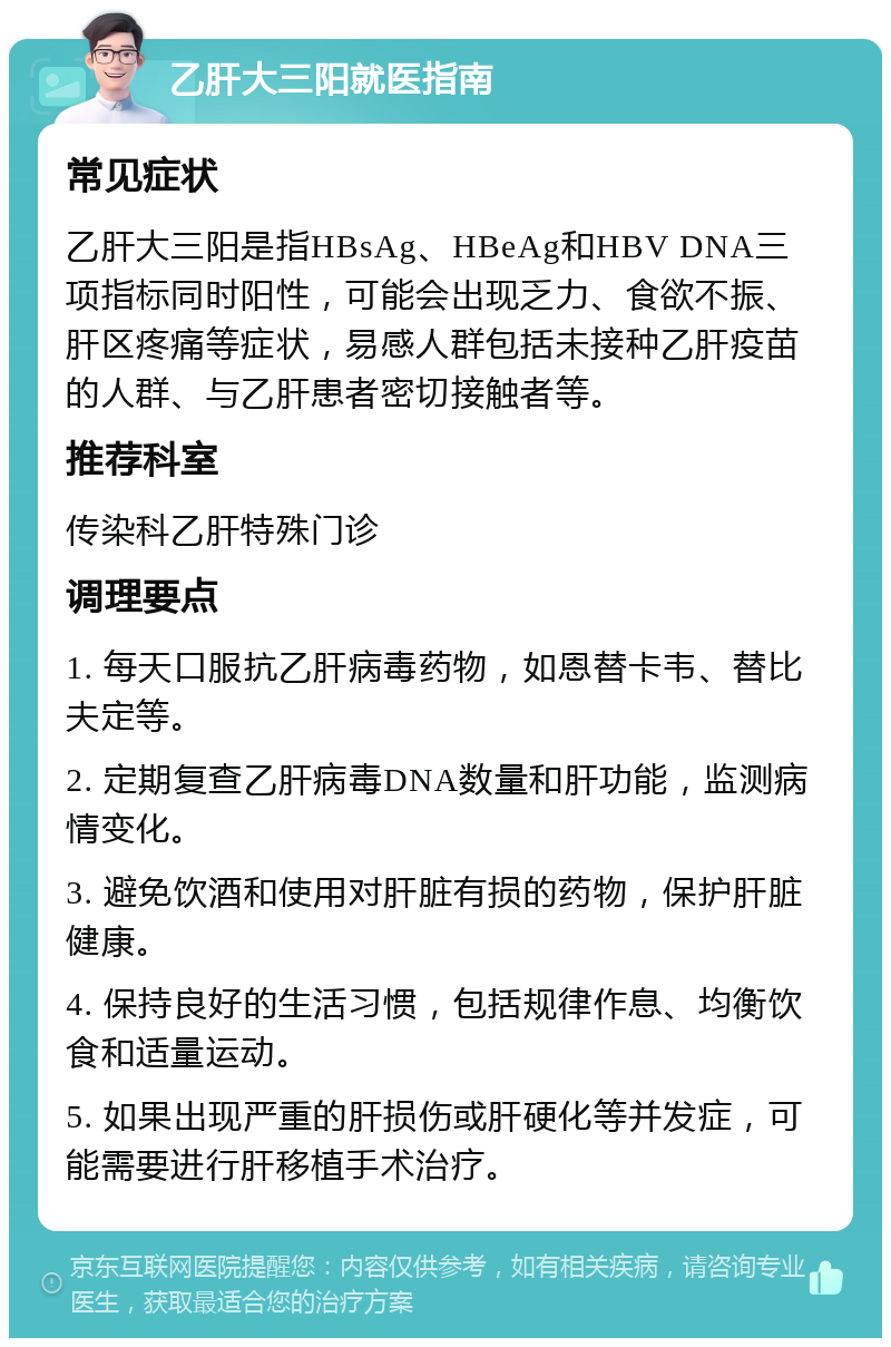 乙肝大三阳就医指南 常见症状 乙肝大三阳是指HBsAg、HBeAg和HBV DNA三项指标同时阳性，可能会出现乏力、食欲不振、肝区疼痛等症状，易感人群包括未接种乙肝疫苗的人群、与乙肝患者密切接触者等。 推荐科室 传染科乙肝特殊门诊 调理要点 1. 每天口服抗乙肝病毒药物，如恩替卡韦、替比夫定等。 2. 定期复查乙肝病毒DNA数量和肝功能，监测病情变化。 3. 避免饮酒和使用对肝脏有损的药物，保护肝脏健康。 4. 保持良好的生活习惯，包括规律作息、均衡饮食和适量运动。 5. 如果出现严重的肝损伤或肝硬化等并发症，可能需要进行肝移植手术治疗。