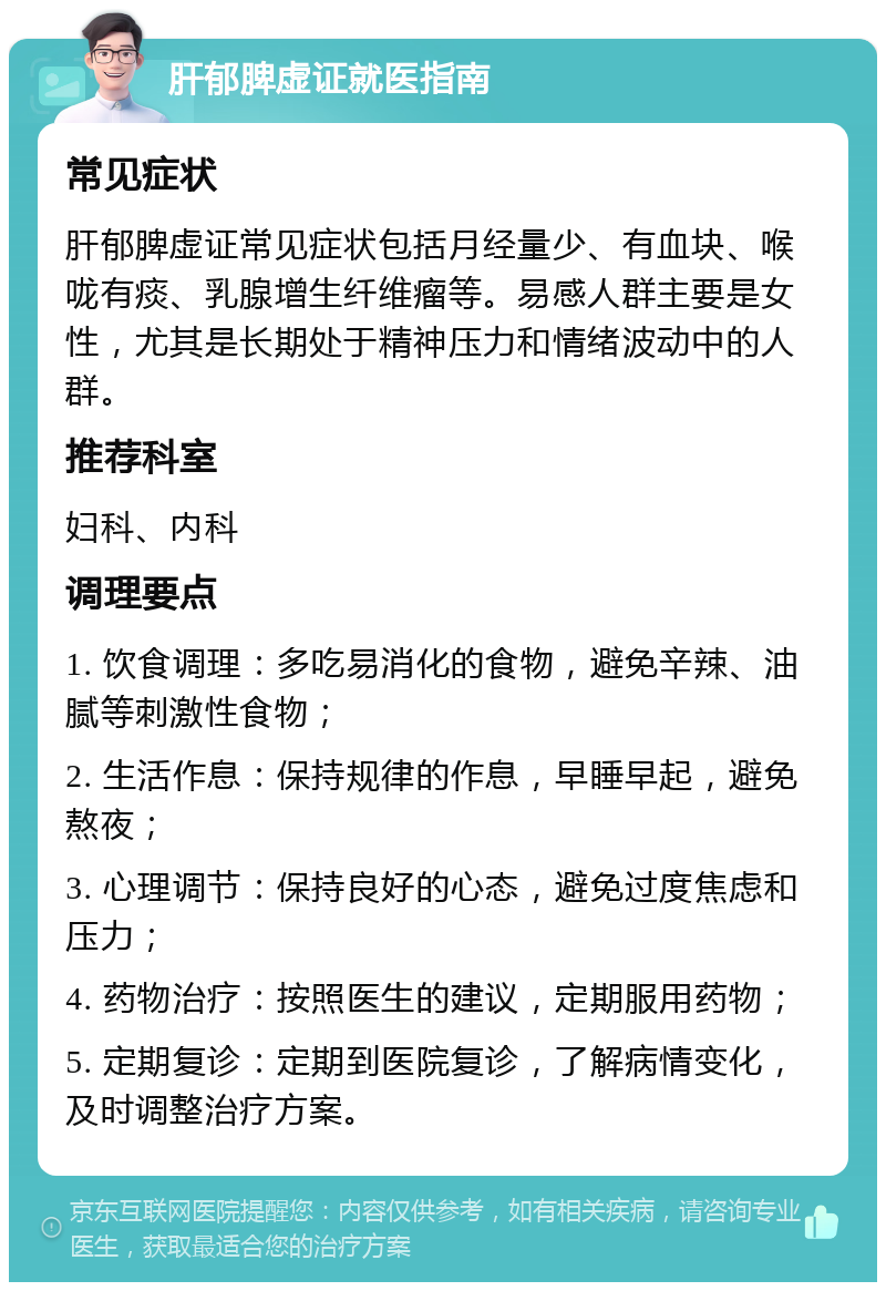 肝郁脾虚证就医指南 常见症状 肝郁脾虚证常见症状包括月经量少、有血块、喉咙有痰、乳腺增生纤维瘤等。易感人群主要是女性，尤其是长期处于精神压力和情绪波动中的人群。 推荐科室 妇科、内科 调理要点 1. 饮食调理：多吃易消化的食物，避免辛辣、油腻等刺激性食物； 2. 生活作息：保持规律的作息，早睡早起，避免熬夜； 3. 心理调节：保持良好的心态，避免过度焦虑和压力； 4. 药物治疗：按照医生的建议，定期服用药物； 5. 定期复诊：定期到医院复诊，了解病情变化，及时调整治疗方案。