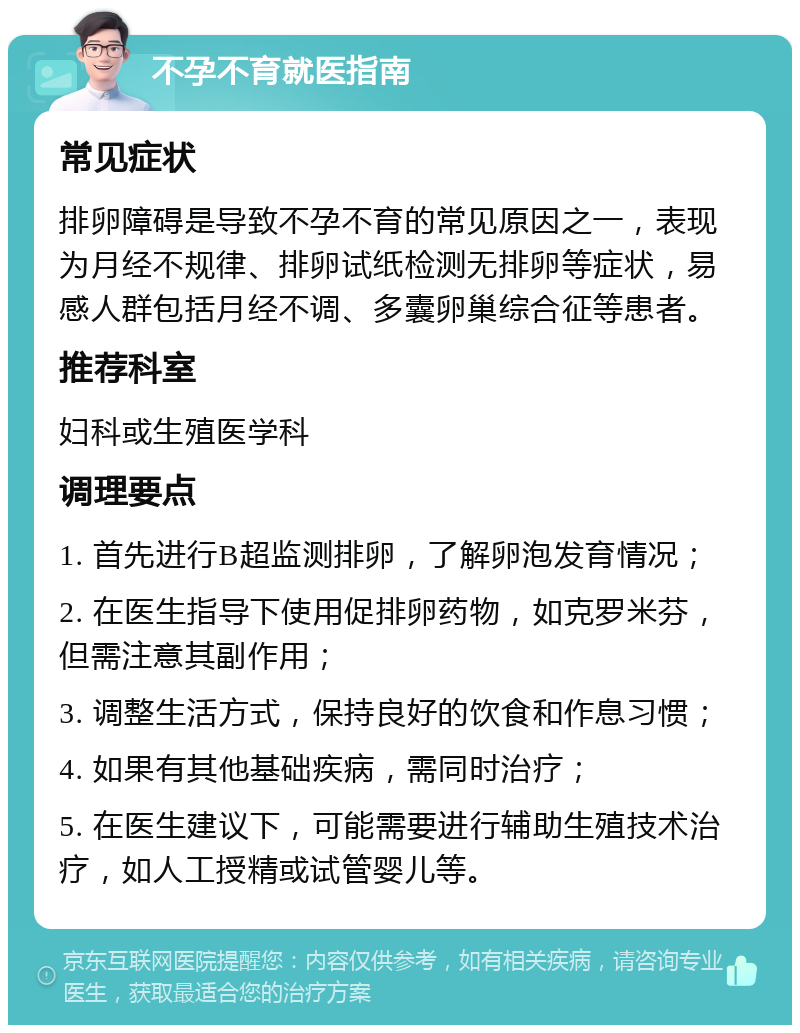 不孕不育就医指南 常见症状 排卵障碍是导致不孕不育的常见原因之一，表现为月经不规律、排卵试纸检测无排卵等症状，易感人群包括月经不调、多囊卵巢综合征等患者。 推荐科室 妇科或生殖医学科 调理要点 1. 首先进行B超监测排卵，了解卵泡发育情况； 2. 在医生指导下使用促排卵药物，如克罗米芬，但需注意其副作用； 3. 调整生活方式，保持良好的饮食和作息习惯； 4. 如果有其他基础疾病，需同时治疗； 5. 在医生建议下，可能需要进行辅助生殖技术治疗，如人工授精或试管婴儿等。