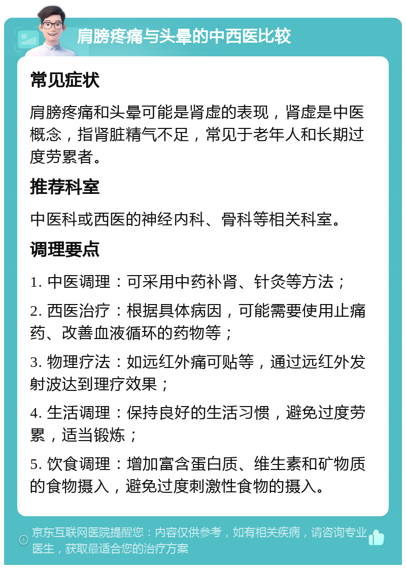 肩膀疼痛与头晕的中西医比较 常见症状 肩膀疼痛和头晕可能是肾虚的表现，肾虚是中医概念，指肾脏精气不足，常见于老年人和长期过度劳累者。 推荐科室 中医科或西医的神经内科、骨科等相关科室。 调理要点 1. 中医调理：可采用中药补肾、针灸等方法； 2. 西医治疗：根据具体病因，可能需要使用止痛药、改善血液循环的药物等； 3. 物理疗法：如远红外痛可贴等，通过远红外发射波达到理疗效果； 4. 生活调理：保持良好的生活习惯，避免过度劳累，适当锻炼； 5. 饮食调理：增加富含蛋白质、维生素和矿物质的食物摄入，避免过度刺激性食物的摄入。