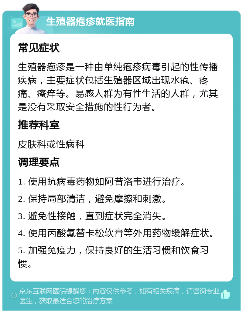 生殖器疱疹就医指南 常见症状 生殖器疱疹是一种由单纯疱疹病毒引起的性传播疾病，主要症状包括生殖器区域出现水疱、疼痛、瘙痒等。易感人群为有性生活的人群，尤其是没有采取安全措施的性行为者。 推荐科室 皮肤科或性病科 调理要点 1. 使用抗病毒药物如阿昔洛韦进行治疗。 2. 保持局部清洁，避免摩擦和刺激。 3. 避免性接触，直到症状完全消失。 4. 使用丙酸氟替卡松软膏等外用药物缓解症状。 5. 加强免疫力，保持良好的生活习惯和饮食习惯。