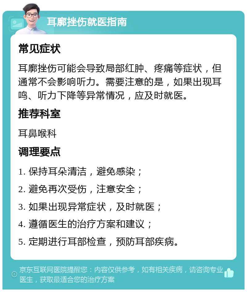 耳廓挫伤就医指南 常见症状 耳廓挫伤可能会导致局部红肿、疼痛等症状，但通常不会影响听力。需要注意的是，如果出现耳鸣、听力下降等异常情况，应及时就医。 推荐科室 耳鼻喉科 调理要点 1. 保持耳朵清洁，避免感染； 2. 避免再次受伤，注意安全； 3. 如果出现异常症状，及时就医； 4. 遵循医生的治疗方案和建议； 5. 定期进行耳部检查，预防耳部疾病。