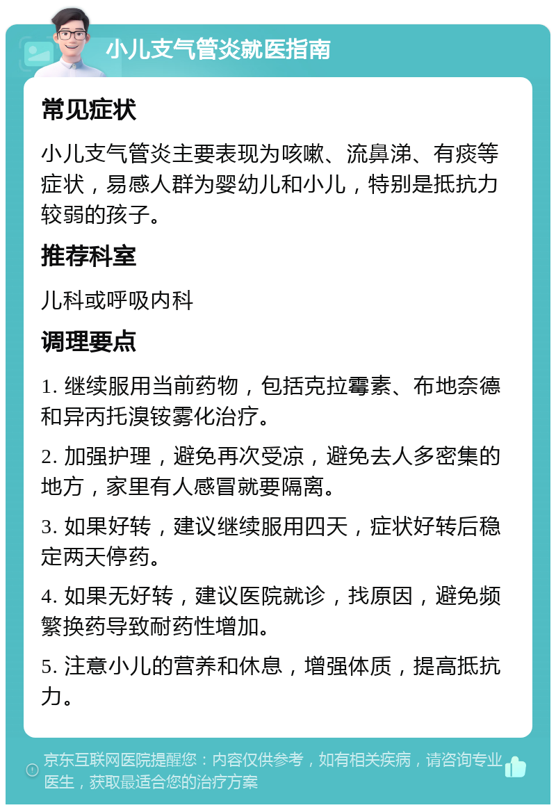 小儿支气管炎就医指南 常见症状 小儿支气管炎主要表现为咳嗽、流鼻涕、有痰等症状，易感人群为婴幼儿和小儿，特别是抵抗力较弱的孩子。 推荐科室 儿科或呼吸内科 调理要点 1. 继续服用当前药物，包括克拉霉素、布地奈德和异丙托溴铵雾化治疗。 2. 加强护理，避免再次受凉，避免去人多密集的地方，家里有人感冒就要隔离。 3. 如果好转，建议继续服用四天，症状好转后稳定两天停药。 4. 如果无好转，建议医院就诊，找原因，避免频繁换药导致耐药性增加。 5. 注意小儿的营养和休息，增强体质，提高抵抗力。