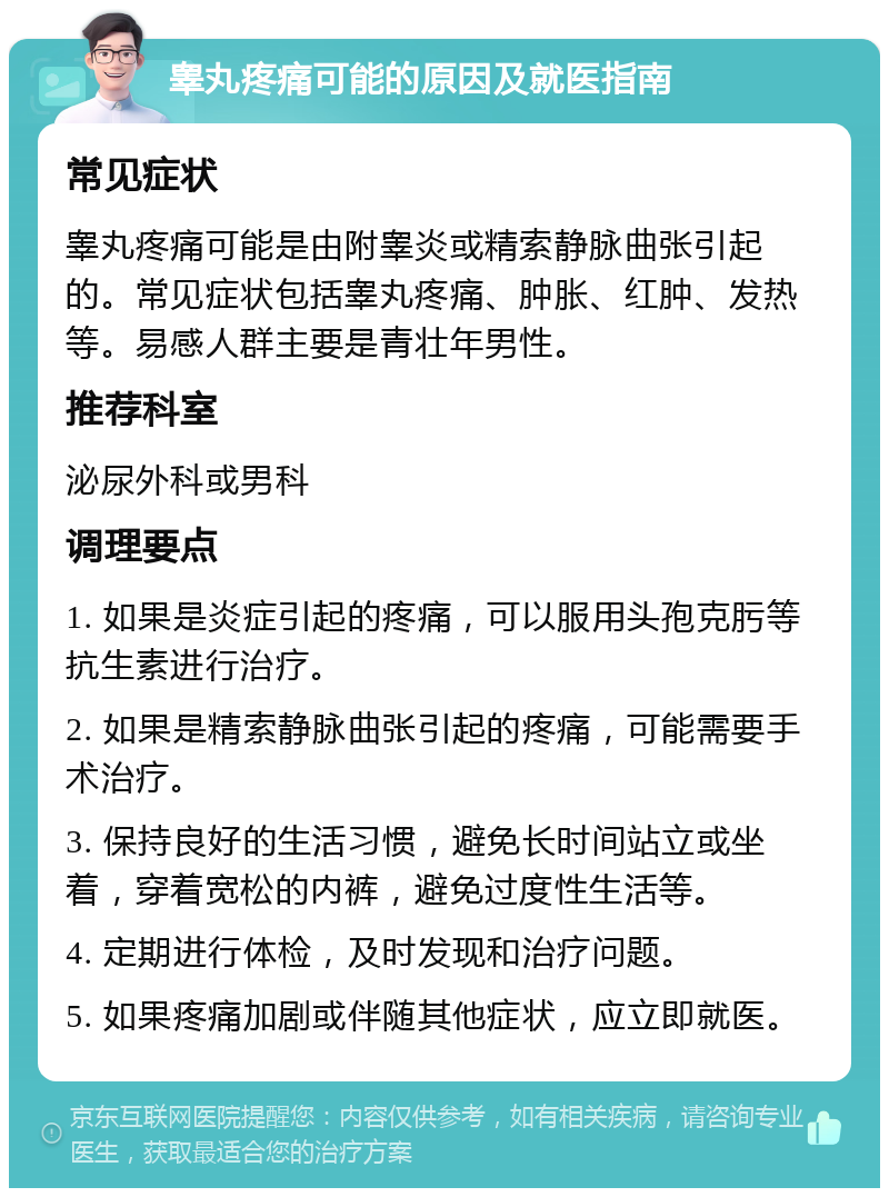 睾丸疼痛可能的原因及就医指南 常见症状 睾丸疼痛可能是由附睾炎或精索静脉曲张引起的。常见症状包括睾丸疼痛、肿胀、红肿、发热等。易感人群主要是青壮年男性。 推荐科室 泌尿外科或男科 调理要点 1. 如果是炎症引起的疼痛，可以服用头孢克肟等抗生素进行治疗。 2. 如果是精索静脉曲张引起的疼痛，可能需要手术治疗。 3. 保持良好的生活习惯，避免长时间站立或坐着，穿着宽松的内裤，避免过度性生活等。 4. 定期进行体检，及时发现和治疗问题。 5. 如果疼痛加剧或伴随其他症状，应立即就医。