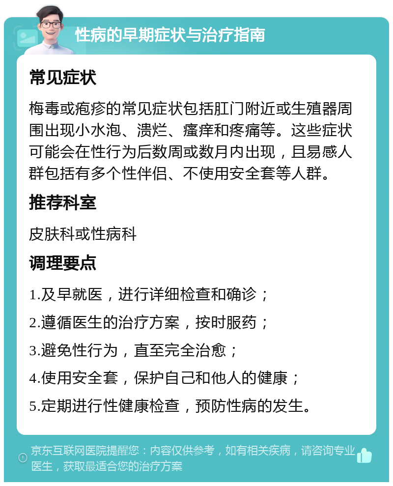 性病的早期症状与治疗指南 常见症状 梅毒或疱疹的常见症状包括肛门附近或生殖器周围出现小水泡、溃烂、瘙痒和疼痛等。这些症状可能会在性行为后数周或数月内出现，且易感人群包括有多个性伴侣、不使用安全套等人群。 推荐科室 皮肤科或性病科 调理要点 1.及早就医，进行详细检查和确诊； 2.遵循医生的治疗方案，按时服药； 3.避免性行为，直至完全治愈； 4.使用安全套，保护自己和他人的健康； 5.定期进行性健康检查，预防性病的发生。