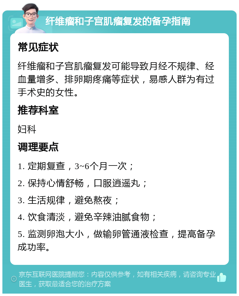 纤维瘤和子宫肌瘤复发的备孕指南 常见症状 纤维瘤和子宫肌瘤复发可能导致月经不规律、经血量增多、排卵期疼痛等症状，易感人群为有过手术史的女性。 推荐科室 妇科 调理要点 1. 定期复查，3~6个月一次； 2. 保持心情舒畅，口服逍遥丸； 3. 生活规律，避免熬夜； 4. 饮食清淡，避免辛辣油腻食物； 5. 监测卵泡大小，做输卵管通液检查，提高备孕成功率。