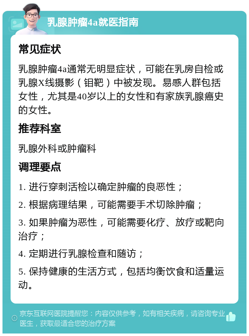 乳腺肿瘤4a就医指南 常见症状 乳腺肿瘤4a通常无明显症状，可能在乳房自检或乳腺X线摄影（钼靶）中被发现。易感人群包括女性，尤其是40岁以上的女性和有家族乳腺癌史的女性。 推荐科室 乳腺外科或肿瘤科 调理要点 1. 进行穿刺活检以确定肿瘤的良恶性； 2. 根据病理结果，可能需要手术切除肿瘤； 3. 如果肿瘤为恶性，可能需要化疗、放疗或靶向治疗； 4. 定期进行乳腺检查和随访； 5. 保持健康的生活方式，包括均衡饮食和适量运动。