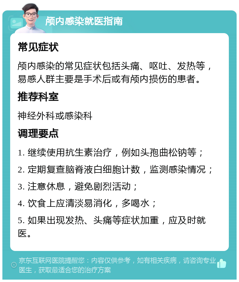 颅内感染就医指南 常见症状 颅内感染的常见症状包括头痛、呕吐、发热等，易感人群主要是手术后或有颅内损伤的患者。 推荐科室 神经外科或感染科 调理要点 1. 继续使用抗生素治疗，例如头孢曲松钠等； 2. 定期复查脑脊液白细胞计数，监测感染情况； 3. 注意休息，避免剧烈活动； 4. 饮食上应清淡易消化，多喝水； 5. 如果出现发热、头痛等症状加重，应及时就医。