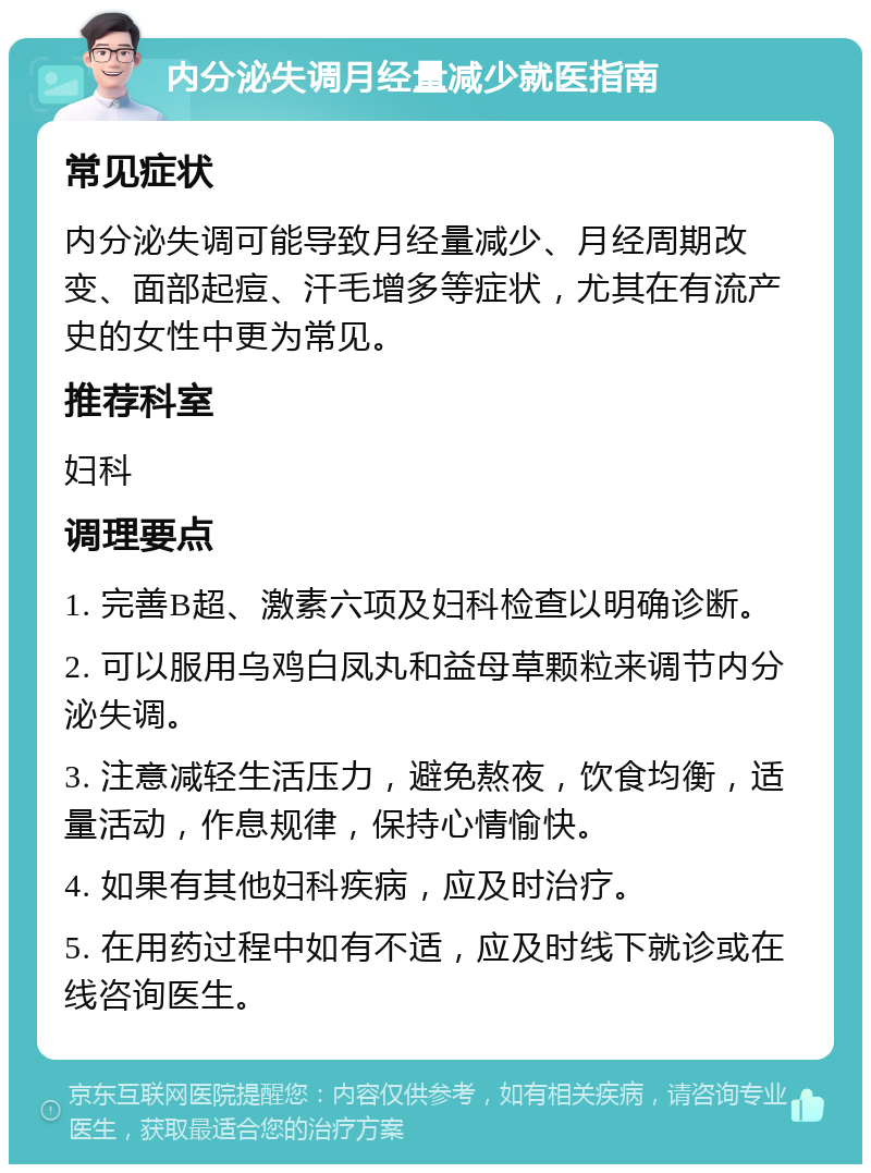 内分泌失调月经量减少就医指南 常见症状 内分泌失调可能导致月经量减少、月经周期改变、面部起痘、汗毛增多等症状，尤其在有流产史的女性中更为常见。 推荐科室 妇科 调理要点 1. 完善B超、激素六项及妇科检查以明确诊断。 2. 可以服用乌鸡白凤丸和益母草颗粒来调节内分泌失调。 3. 注意减轻生活压力，避免熬夜，饮食均衡，适量活动，作息规律，保持心情愉快。 4. 如果有其他妇科疾病，应及时治疗。 5. 在用药过程中如有不适，应及时线下就诊或在线咨询医生。