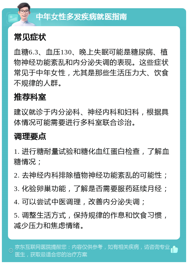 中年女性多发疾病就医指南 常见症状 血糖6.3、血压130、晚上失眠可能是糖尿病、植物神经功能紊乱和内分泌失调的表现。这些症状常见于中年女性，尤其是那些生活压力大、饮食不规律的人群。 推荐科室 建议就诊于内分泌科、神经内科和妇科，根据具体情况可能需要进行多科室联合诊治。 调理要点 1. 进行糖耐量试验和糖化血红蛋白检查，了解血糖情况； 2. 去神经内科排除植物神经功能紊乱的可能性； 3. 化验卵巢功能，了解是否需要服药延续月经； 4. 可以尝试中医调理，改善内分泌失调； 5. 调整生活方式，保持规律的作息和饮食习惯，减少压力和焦虑情绪。