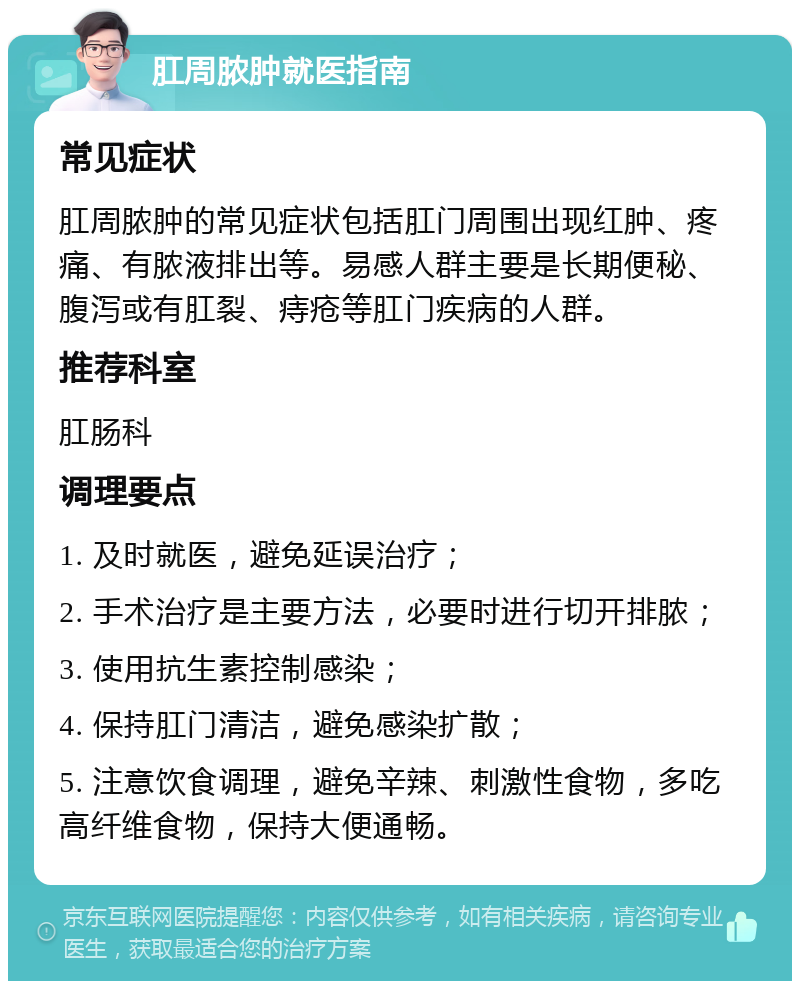 肛周脓肿就医指南 常见症状 肛周脓肿的常见症状包括肛门周围出现红肿、疼痛、有脓液排出等。易感人群主要是长期便秘、腹泻或有肛裂、痔疮等肛门疾病的人群。 推荐科室 肛肠科 调理要点 1. 及时就医，避免延误治疗； 2. 手术治疗是主要方法，必要时进行切开排脓； 3. 使用抗生素控制感染； 4. 保持肛门清洁，避免感染扩散； 5. 注意饮食调理，避免辛辣、刺激性食物，多吃高纤维食物，保持大便通畅。