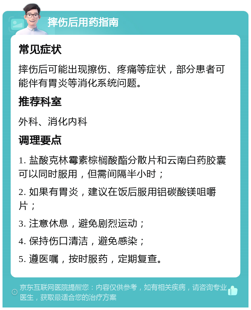 摔伤后用药指南 常见症状 摔伤后可能出现擦伤、疼痛等症状，部分患者可能伴有胃炎等消化系统问题。 推荐科室 外科、消化内科 调理要点 1. 盐酸克林霉素棕榈酸酯分散片和云南白药胶囊可以同时服用，但需间隔半小时； 2. 如果有胃炎，建议在饭后服用铝碳酸镁咀嚼片； 3. 注意休息，避免剧烈运动； 4. 保持伤口清洁，避免感染； 5. 遵医嘱，按时服药，定期复查。