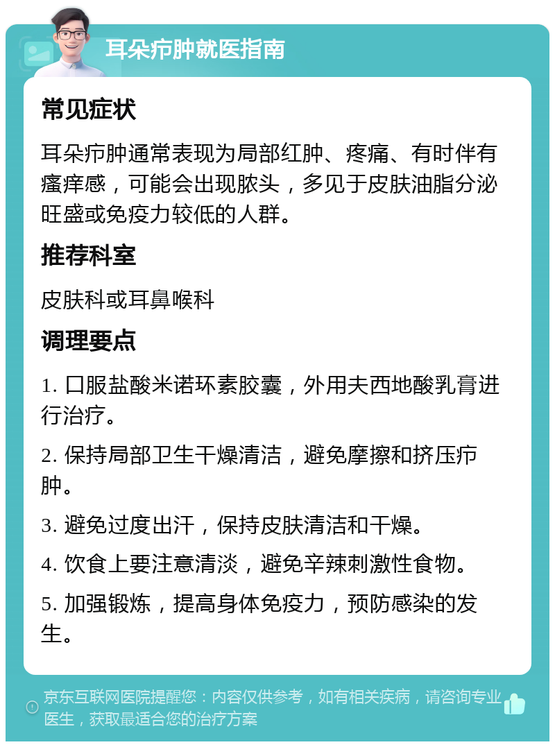 耳朵疖肿就医指南 常见症状 耳朵疖肿通常表现为局部红肿、疼痛、有时伴有瘙痒感，可能会出现脓头，多见于皮肤油脂分泌旺盛或免疫力较低的人群。 推荐科室 皮肤科或耳鼻喉科 调理要点 1. 口服盐酸米诺环素胶囊，外用夫西地酸乳膏进行治疗。 2. 保持局部卫生干燥清洁，避免摩擦和挤压疖肿。 3. 避免过度出汗，保持皮肤清洁和干燥。 4. 饮食上要注意清淡，避免辛辣刺激性食物。 5. 加强锻炼，提高身体免疫力，预防感染的发生。