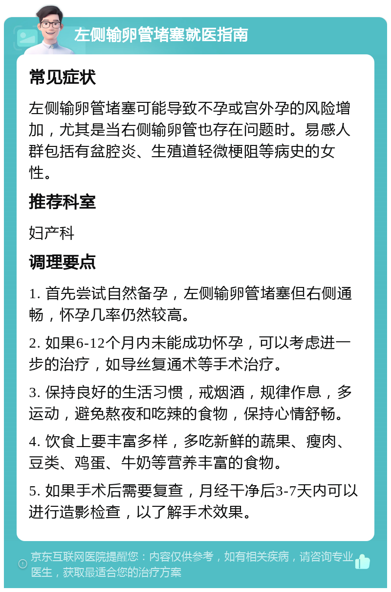 左侧输卵管堵塞就医指南 常见症状 左侧输卵管堵塞可能导致不孕或宫外孕的风险增加，尤其是当右侧输卵管也存在问题时。易感人群包括有盆腔炎、生殖道轻微梗阻等病史的女性。 推荐科室 妇产科 调理要点 1. 首先尝试自然备孕，左侧输卵管堵塞但右侧通畅，怀孕几率仍然较高。 2. 如果6-12个月内未能成功怀孕，可以考虑进一步的治疗，如导丝复通术等手术治疗。 3. 保持良好的生活习惯，戒烟酒，规律作息，多运动，避免熬夜和吃辣的食物，保持心情舒畅。 4. 饮食上要丰富多样，多吃新鲜的蔬果、瘦肉、豆类、鸡蛋、牛奶等营养丰富的食物。 5. 如果手术后需要复查，月经干净后3-7天内可以进行造影检查，以了解手术效果。