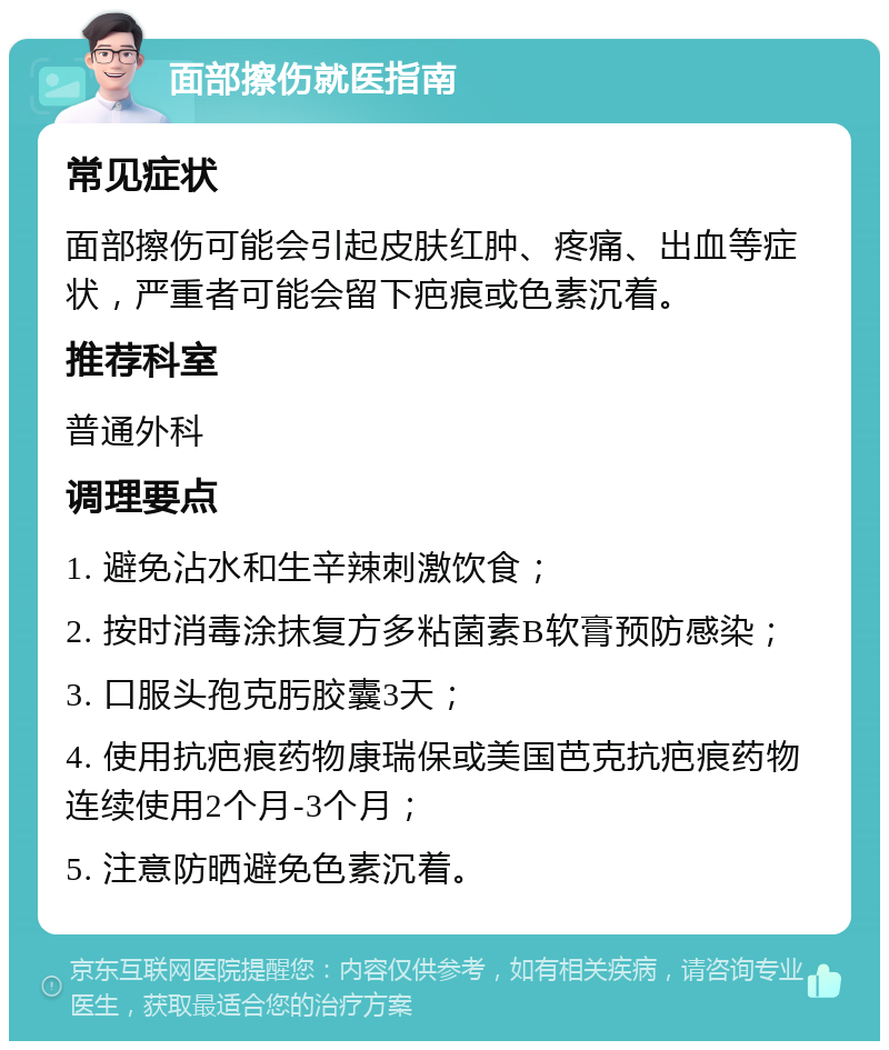 面部擦伤就医指南 常见症状 面部擦伤可能会引起皮肤红肿、疼痛、出血等症状，严重者可能会留下疤痕或色素沉着。 推荐科室 普通外科 调理要点 1. 避免沾水和生辛辣刺激饮食； 2. 按时消毒涂抹复方多粘菌素B软膏预防感染； 3. 口服头孢克肟胶囊3天； 4. 使用抗疤痕药物康瑞保或美国芭克抗疤痕药物连续使用2个月-3个月； 5. 注意防晒避免色素沉着。