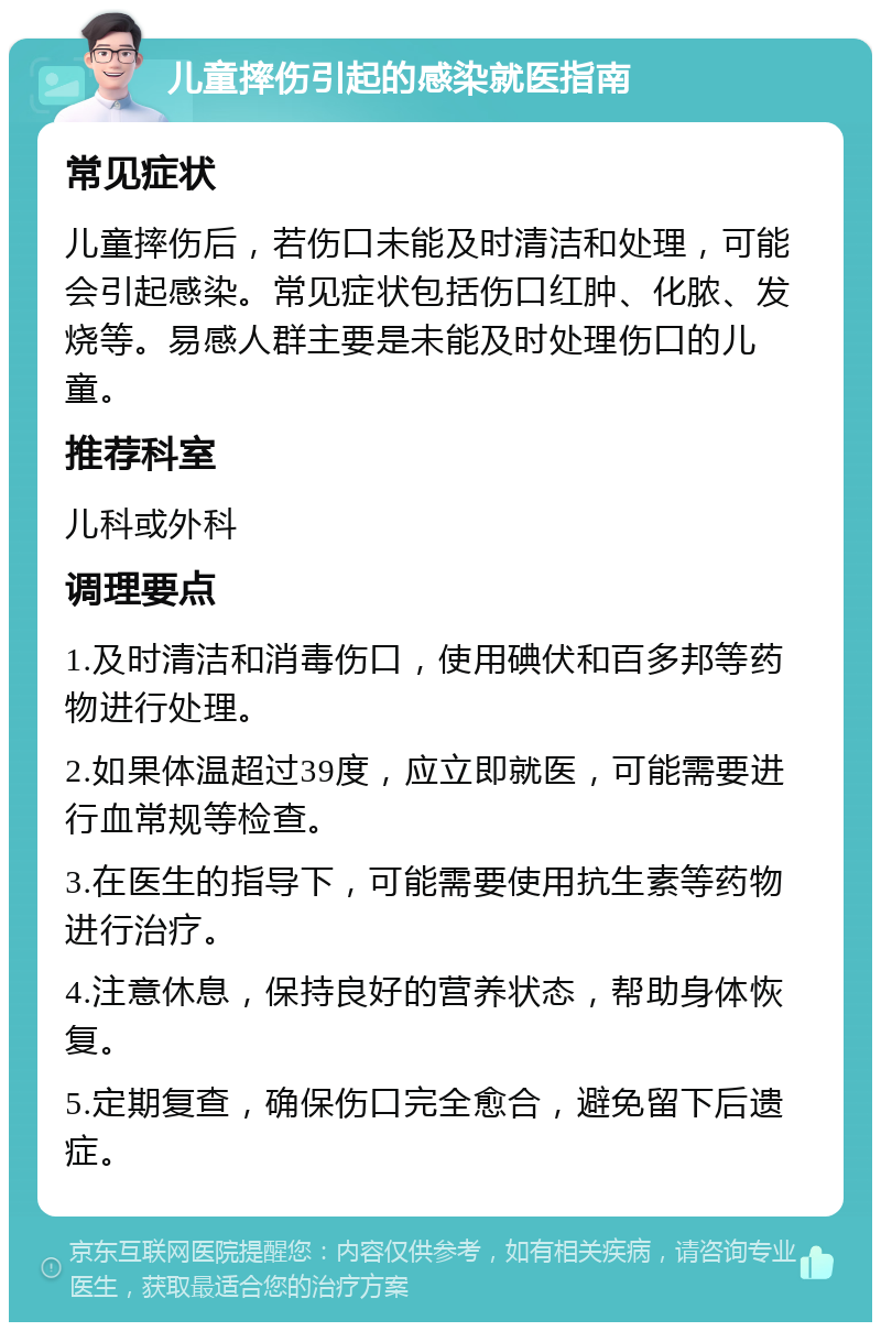 儿童摔伤引起的感染就医指南 常见症状 儿童摔伤后，若伤口未能及时清洁和处理，可能会引起感染。常见症状包括伤口红肿、化脓、发烧等。易感人群主要是未能及时处理伤口的儿童。 推荐科室 儿科或外科 调理要点 1.及时清洁和消毒伤口，使用碘伏和百多邦等药物进行处理。 2.如果体温超过39度，应立即就医，可能需要进行血常规等检查。 3.在医生的指导下，可能需要使用抗生素等药物进行治疗。 4.注意休息，保持良好的营养状态，帮助身体恢复。 5.定期复查，确保伤口完全愈合，避免留下后遗症。