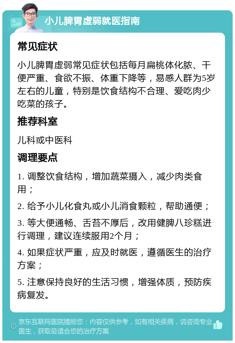 小儿脾胃虚弱就医指南 常见症状 小儿脾胃虚弱常见症状包括每月扁桃体化脓、干便严重、食欲不振、体重下降等，易感人群为5岁左右的儿童，特别是饮食结构不合理、爱吃肉少吃菜的孩子。 推荐科室 儿科或中医科 调理要点 1. 调整饮食结构，增加蔬菜摄入，减少肉类食用； 2. 给予小儿化食丸或小儿消食颗粒，帮助通便； 3. 等大便通畅、舌苔不厚后，改用健脾八珍糕进行调理，建议连续服用2个月； 4. 如果症状严重，应及时就医，遵循医生的治疗方案； 5. 注意保持良好的生活习惯，增强体质，预防疾病复发。