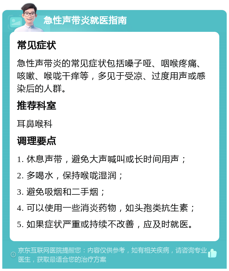 急性声带炎就医指南 常见症状 急性声带炎的常见症状包括嗓子哑、咽喉疼痛、咳嗽、喉咙干痒等，多见于受凉、过度用声或感染后的人群。 推荐科室 耳鼻喉科 调理要点 1. 休息声带，避免大声喊叫或长时间用声； 2. 多喝水，保持喉咙湿润； 3. 避免吸烟和二手烟； 4. 可以使用一些消炎药物，如头孢类抗生素； 5. 如果症状严重或持续不改善，应及时就医。