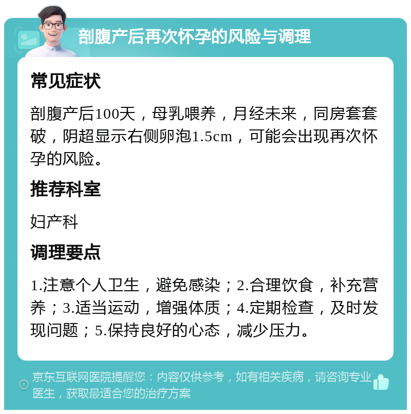 剖腹产后再次怀孕的风险与调理 常见症状 剖腹产后100天，母乳喂养，月经未来，同房套套破，阴超显示右侧卵泡1.5cm，可能会出现再次怀孕的风险。 推荐科室 妇产科 调理要点 1.注意个人卫生，避免感染；2.合理饮食，补充营养；3.适当运动，增强体质；4.定期检查，及时发现问题；5.保持良好的心态，减少压力。