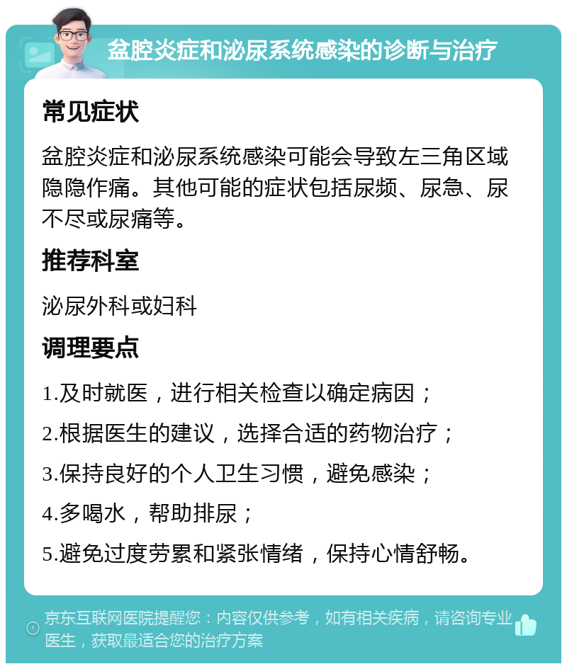 盆腔炎症和泌尿系统感染的诊断与治疗 常见症状 盆腔炎症和泌尿系统感染可能会导致左三角区域隐隐作痛。其他可能的症状包括尿频、尿急、尿不尽或尿痛等。 推荐科室 泌尿外科或妇科 调理要点 1.及时就医，进行相关检查以确定病因； 2.根据医生的建议，选择合适的药物治疗； 3.保持良好的个人卫生习惯，避免感染； 4.多喝水，帮助排尿； 5.避免过度劳累和紧张情绪，保持心情舒畅。