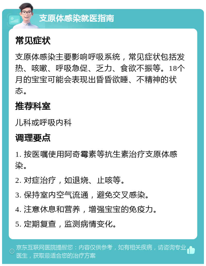 支原体感染就医指南 常见症状 支原体感染主要影响呼吸系统，常见症状包括发热、咳嗽、呼吸急促、乏力、食欲不振等。18个月的宝宝可能会表现出昏昏欲睡、不精神的状态。 推荐科室 儿科或呼吸内科 调理要点 1. 按医嘱使用阿奇霉素等抗生素治疗支原体感染。 2. 对症治疗，如退烧、止咳等。 3. 保持室内空气流通，避免交叉感染。 4. 注意休息和营养，增强宝宝的免疫力。 5. 定期复查，监测病情变化。