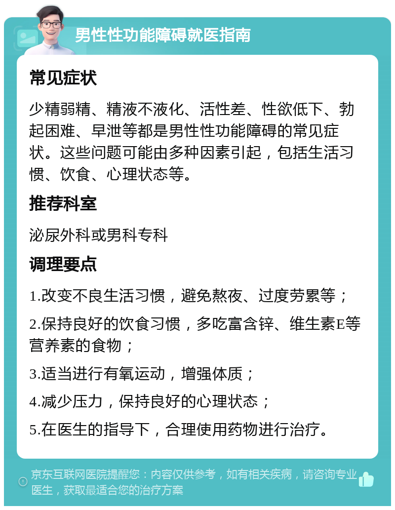 男性性功能障碍就医指南 常见症状 少精弱精、精液不液化、活性差、性欲低下、勃起困难、早泄等都是男性性功能障碍的常见症状。这些问题可能由多种因素引起，包括生活习惯、饮食、心理状态等。 推荐科室 泌尿外科或男科专科 调理要点 1.改变不良生活习惯，避免熬夜、过度劳累等； 2.保持良好的饮食习惯，多吃富含锌、维生素E等营养素的食物； 3.适当进行有氧运动，增强体质； 4.减少压力，保持良好的心理状态； 5.在医生的指导下，合理使用药物进行治疗。