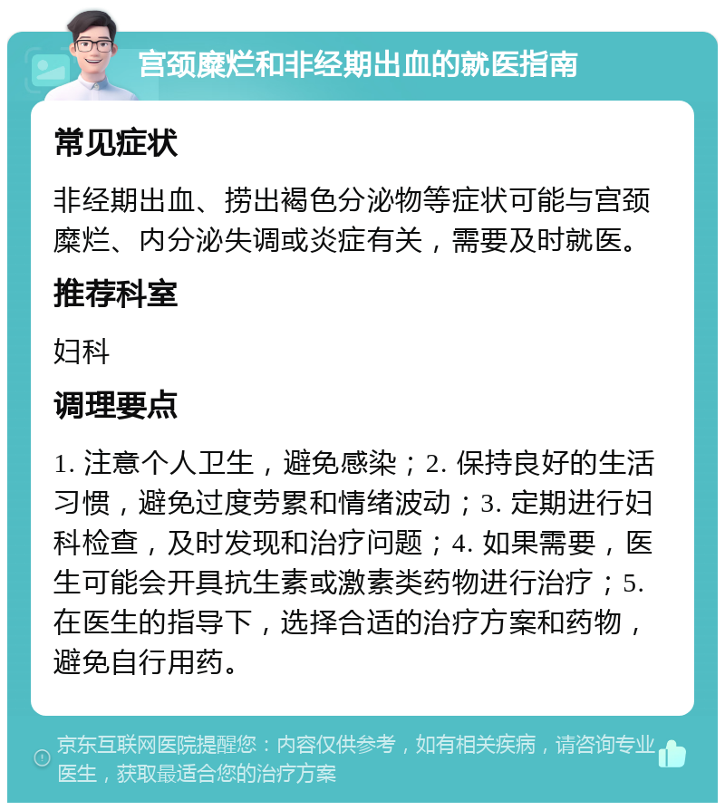 宫颈糜烂和非经期出血的就医指南 常见症状 非经期出血、捞出褐色分泌物等症状可能与宫颈糜烂、内分泌失调或炎症有关，需要及时就医。 推荐科室 妇科 调理要点 1. 注意个人卫生，避免感染；2. 保持良好的生活习惯，避免过度劳累和情绪波动；3. 定期进行妇科检查，及时发现和治疗问题；4. 如果需要，医生可能会开具抗生素或激素类药物进行治疗；5. 在医生的指导下，选择合适的治疗方案和药物，避免自行用药。