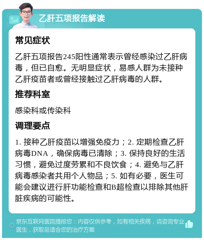 乙肝五项报告解读 常见症状 乙肝五项报告245阳性通常表示曾经感染过乙肝病毒，但已自愈。无明显症状，易感人群为未接种乙肝疫苗者或曾经接触过乙肝病毒的人群。 推荐科室 感染科或传染科 调理要点 1. 接种乙肝疫苗以增强免疫力；2. 定期检查乙肝病毒DNA，确保病毒已清除；3. 保持良好的生活习惯，避免过度劳累和不良饮食；4. 避免与乙肝病毒感染者共用个人物品；5. 如有必要，医生可能会建议进行肝功能检查和B超检查以排除其他肝脏疾病的可能性。