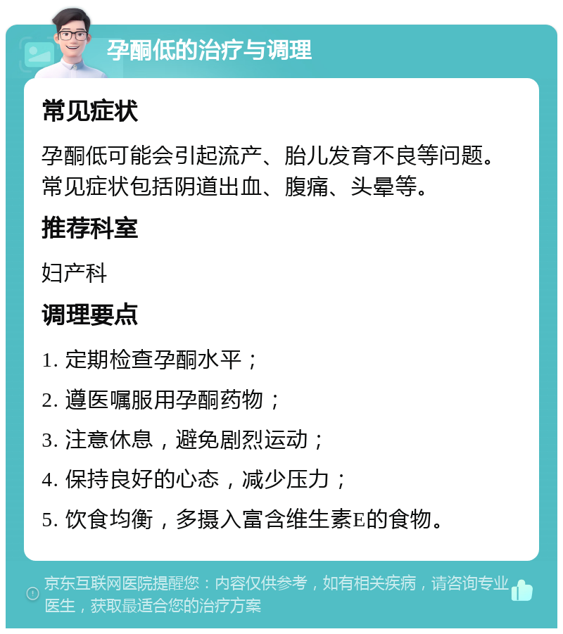 孕酮低的治疗与调理 常见症状 孕酮低可能会引起流产、胎儿发育不良等问题。常见症状包括阴道出血、腹痛、头晕等。 推荐科室 妇产科 调理要点 1. 定期检查孕酮水平； 2. 遵医嘱服用孕酮药物； 3. 注意休息，避免剧烈运动； 4. 保持良好的心态，减少压力； 5. 饮食均衡，多摄入富含维生素E的食物。