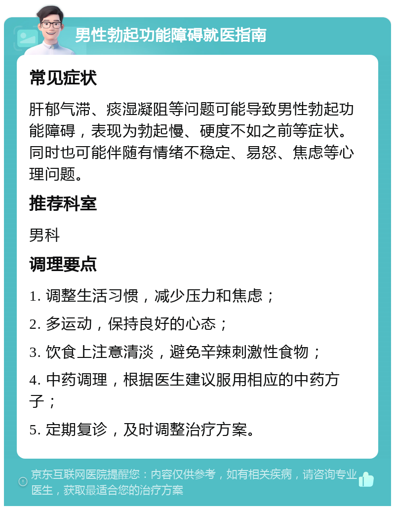 男性勃起功能障碍就医指南 常见症状 肝郁气滞、痰湿凝阻等问题可能导致男性勃起功能障碍，表现为勃起慢、硬度不如之前等症状。同时也可能伴随有情绪不稳定、易怒、焦虑等心理问题。 推荐科室 男科 调理要点 1. 调整生活习惯，减少压力和焦虑； 2. 多运动，保持良好的心态； 3. 饮食上注意清淡，避免辛辣刺激性食物； 4. 中药调理，根据医生建议服用相应的中药方子； 5. 定期复诊，及时调整治疗方案。