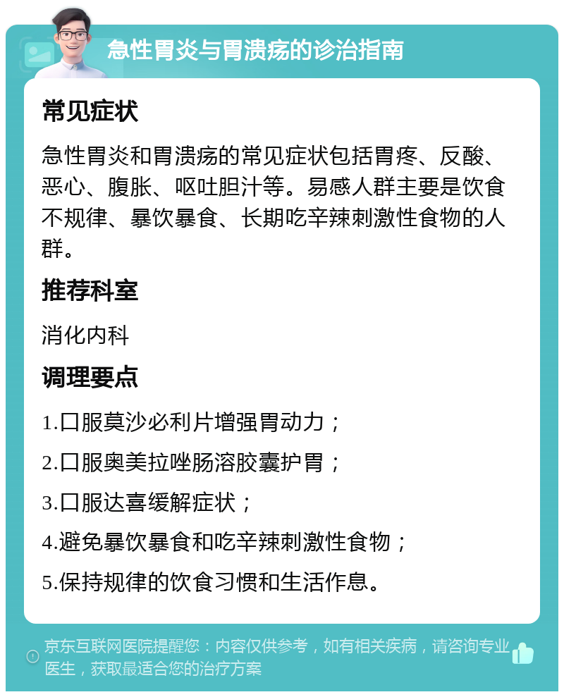 急性胃炎与胃溃疡的诊治指南 常见症状 急性胃炎和胃溃疡的常见症状包括胃疼、反酸、恶心、腹胀、呕吐胆汁等。易感人群主要是饮食不规律、暴饮暴食、长期吃辛辣刺激性食物的人群。 推荐科室 消化内科 调理要点 1.口服莫沙必利片增强胃动力； 2.口服奥美拉唑肠溶胶囊护胃； 3.口服达喜缓解症状； 4.避免暴饮暴食和吃辛辣刺激性食物； 5.保持规律的饮食习惯和生活作息。