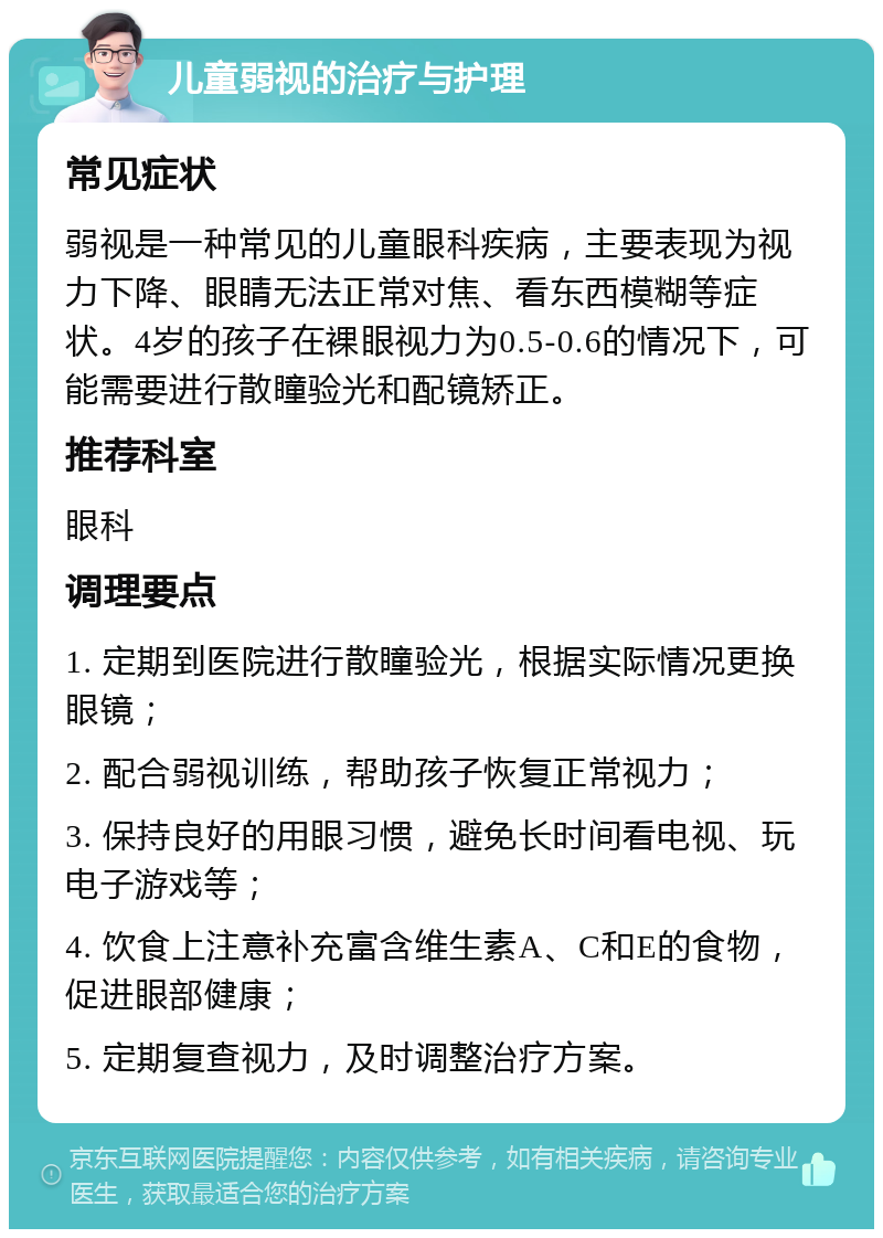 儿童弱视的治疗与护理 常见症状 弱视是一种常见的儿童眼科疾病，主要表现为视力下降、眼睛无法正常对焦、看东西模糊等症状。4岁的孩子在裸眼视力为0.5-0.6的情况下，可能需要进行散瞳验光和配镜矫正。 推荐科室 眼科 调理要点 1. 定期到医院进行散瞳验光，根据实际情况更换眼镜； 2. 配合弱视训练，帮助孩子恢复正常视力； 3. 保持良好的用眼习惯，避免长时间看电视、玩电子游戏等； 4. 饮食上注意补充富含维生素A、C和E的食物，促进眼部健康； 5. 定期复查视力，及时调整治疗方案。