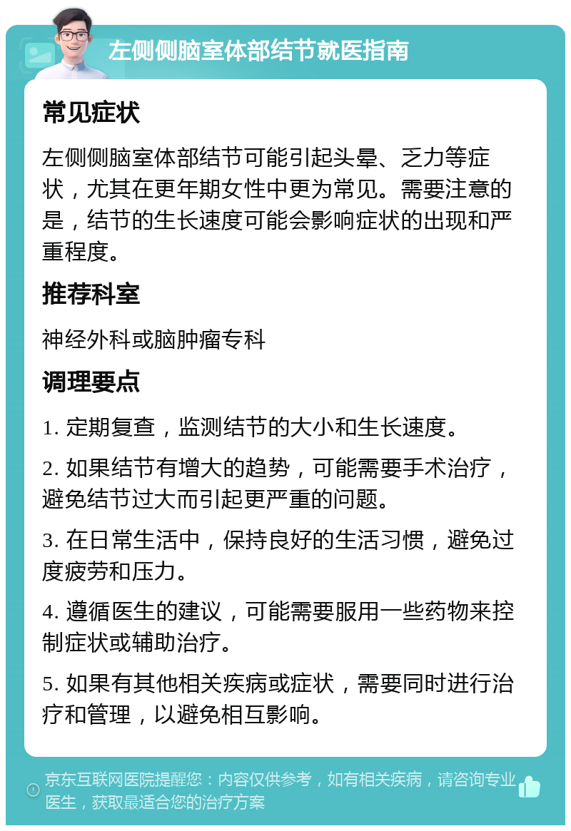 左侧侧脑室体部结节就医指南 常见症状 左侧侧脑室体部结节可能引起头晕、乏力等症状，尤其在更年期女性中更为常见。需要注意的是，结节的生长速度可能会影响症状的出现和严重程度。 推荐科室 神经外科或脑肿瘤专科 调理要点 1. 定期复查，监测结节的大小和生长速度。 2. 如果结节有增大的趋势，可能需要手术治疗，避免结节过大而引起更严重的问题。 3. 在日常生活中，保持良好的生活习惯，避免过度疲劳和压力。 4. 遵循医生的建议，可能需要服用一些药物来控制症状或辅助治疗。 5. 如果有其他相关疾病或症状，需要同时进行治疗和管理，以避免相互影响。