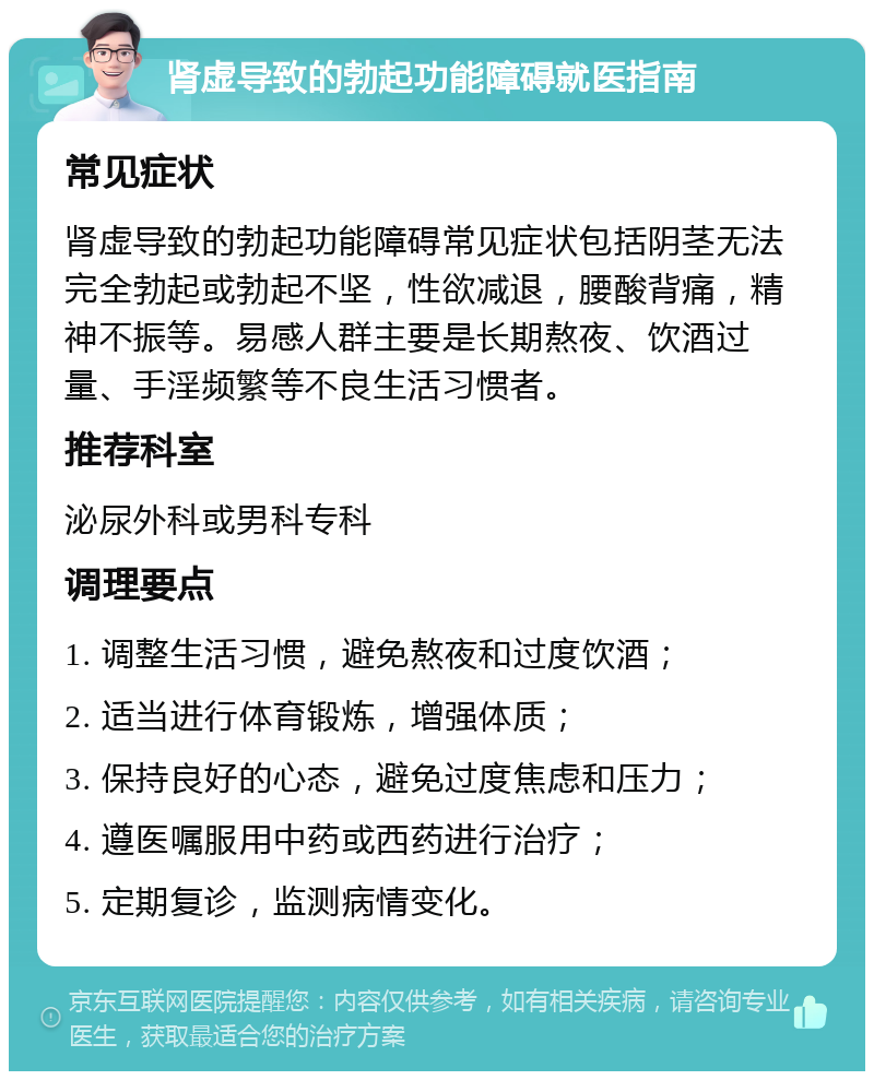 肾虚导致的勃起功能障碍就医指南 常见症状 肾虚导致的勃起功能障碍常见症状包括阴茎无法完全勃起或勃起不坚，性欲减退，腰酸背痛，精神不振等。易感人群主要是长期熬夜、饮酒过量、手淫频繁等不良生活习惯者。 推荐科室 泌尿外科或男科专科 调理要点 1. 调整生活习惯，避免熬夜和过度饮酒； 2. 适当进行体育锻炼，增强体质； 3. 保持良好的心态，避免过度焦虑和压力； 4. 遵医嘱服用中药或西药进行治疗； 5. 定期复诊，监测病情变化。