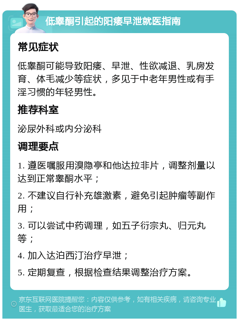 低睾酮引起的阳痿早泄就医指南 常见症状 低睾酮可能导致阳痿、早泄、性欲减退、乳房发育、体毛减少等症状，多见于中老年男性或有手淫习惯的年轻男性。 推荐科室 泌尿外科或内分泌科 调理要点 1. 遵医嘱服用溴隐亭和他达拉非片，调整剂量以达到正常睾酮水平； 2. 不建议自行补充雄激素，避免引起肿瘤等副作用； 3. 可以尝试中药调理，如五子衍宗丸、归元丸等； 4. 加入达泊西汀治疗早泄； 5. 定期复查，根据检查结果调整治疗方案。