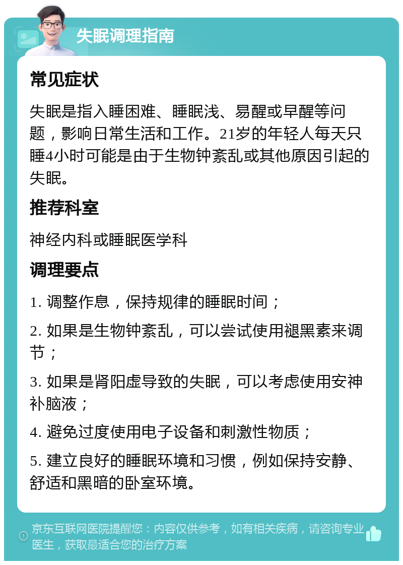 失眠调理指南 常见症状 失眠是指入睡困难、睡眠浅、易醒或早醒等问题，影响日常生活和工作。21岁的年轻人每天只睡4小时可能是由于生物钟紊乱或其他原因引起的失眠。 推荐科室 神经内科或睡眠医学科 调理要点 1. 调整作息，保持规律的睡眠时间； 2. 如果是生物钟紊乱，可以尝试使用褪黑素来调节； 3. 如果是肾阳虚导致的失眠，可以考虑使用安神补脑液； 4. 避免过度使用电子设备和刺激性物质； 5. 建立良好的睡眠环境和习惯，例如保持安静、舒适和黑暗的卧室环境。