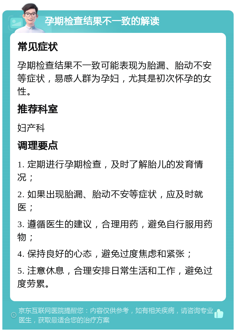 孕期检查结果不一致的解读 常见症状 孕期检查结果不一致可能表现为胎漏、胎动不安等症状，易感人群为孕妇，尤其是初次怀孕的女性。 推荐科室 妇产科 调理要点 1. 定期进行孕期检查，及时了解胎儿的发育情况； 2. 如果出现胎漏、胎动不安等症状，应及时就医； 3. 遵循医生的建议，合理用药，避免自行服用药物； 4. 保持良好的心态，避免过度焦虑和紧张； 5. 注意休息，合理安排日常生活和工作，避免过度劳累。