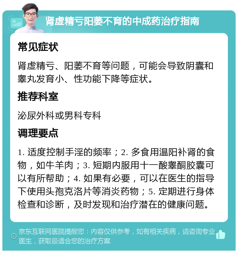 肾虚精亏阳萎不育的中成药治疗指南 常见症状 肾虚精亏、阳萎不育等问题，可能会导致阴囊和睾丸发育小、性功能下降等症状。 推荐科室 泌尿外科或男科专科 调理要点 1. 适度控制手淫的频率；2. 多食用温阳补肾的食物，如牛羊肉；3. 短期内服用十一酸睾酮胶囊可以有所帮助；4. 如果有必要，可以在医生的指导下使用头孢克洛片等消炎药物；5. 定期进行身体检查和诊断，及时发现和治疗潜在的健康问题。