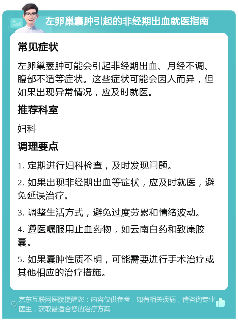 左卵巢囊肿引起的非经期出血就医指南 常见症状 左卵巢囊肿可能会引起非经期出血、月经不调、腹部不适等症状。这些症状可能会因人而异，但如果出现异常情况，应及时就医。 推荐科室 妇科 调理要点 1. 定期进行妇科检查，及时发现问题。 2. 如果出现非经期出血等症状，应及时就医，避免延误治疗。 3. 调整生活方式，避免过度劳累和情绪波动。 4. 遵医嘱服用止血药物，如云南白药和致康胶囊。 5. 如果囊肿性质不明，可能需要进行手术治疗或其他相应的治疗措施。