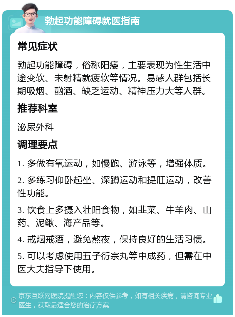 勃起功能障碍就医指南 常见症状 勃起功能障碍，俗称阳痿，主要表现为性生活中途变软、未射精就疲软等情况。易感人群包括长期吸烟、酗酒、缺乏运动、精神压力大等人群。 推荐科室 泌尿外科 调理要点 1. 多做有氧运动，如慢跑、游泳等，增强体质。 2. 多练习仰卧起坐、深蹲运动和提肛运动，改善性功能。 3. 饮食上多摄入壮阳食物，如韭菜、牛羊肉、山药、泥鳅、海产品等。 4. 戒烟戒酒，避免熬夜，保持良好的生活习惯。 5. 可以考虑使用五子衍宗丸等中成药，但需在中医大夫指导下使用。